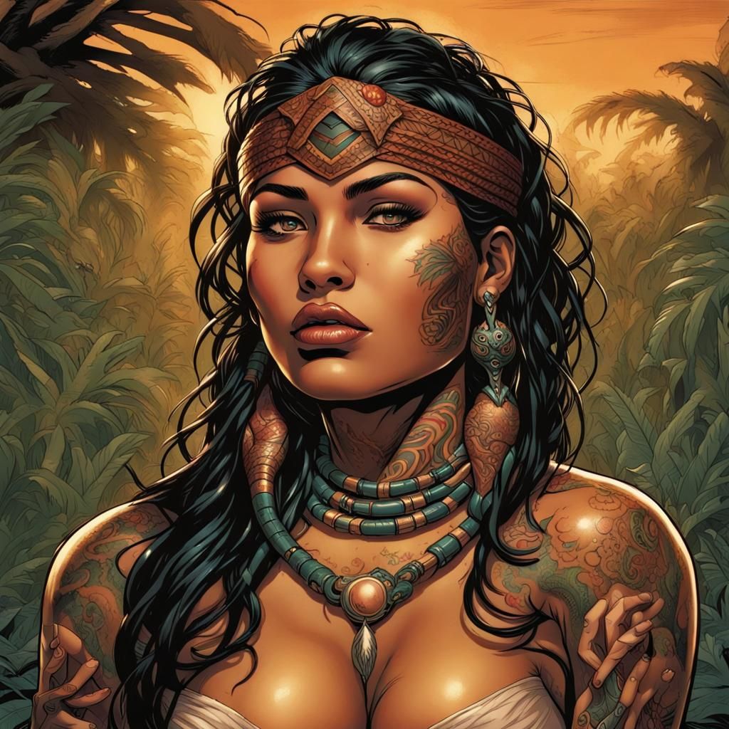 Sensual Indigenous Woman with Tattoo, Comic Book Art