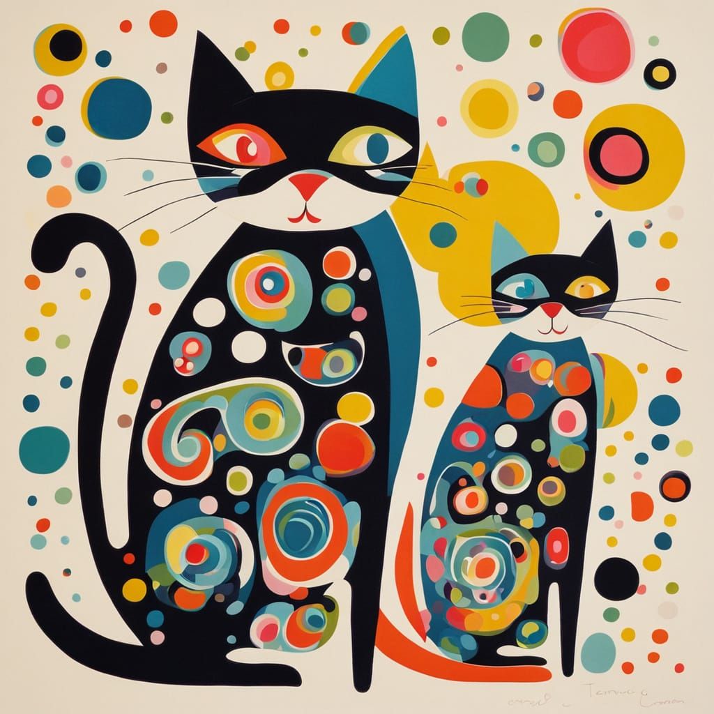 Atomic Mid Century Abstract Cats in Bright Hues