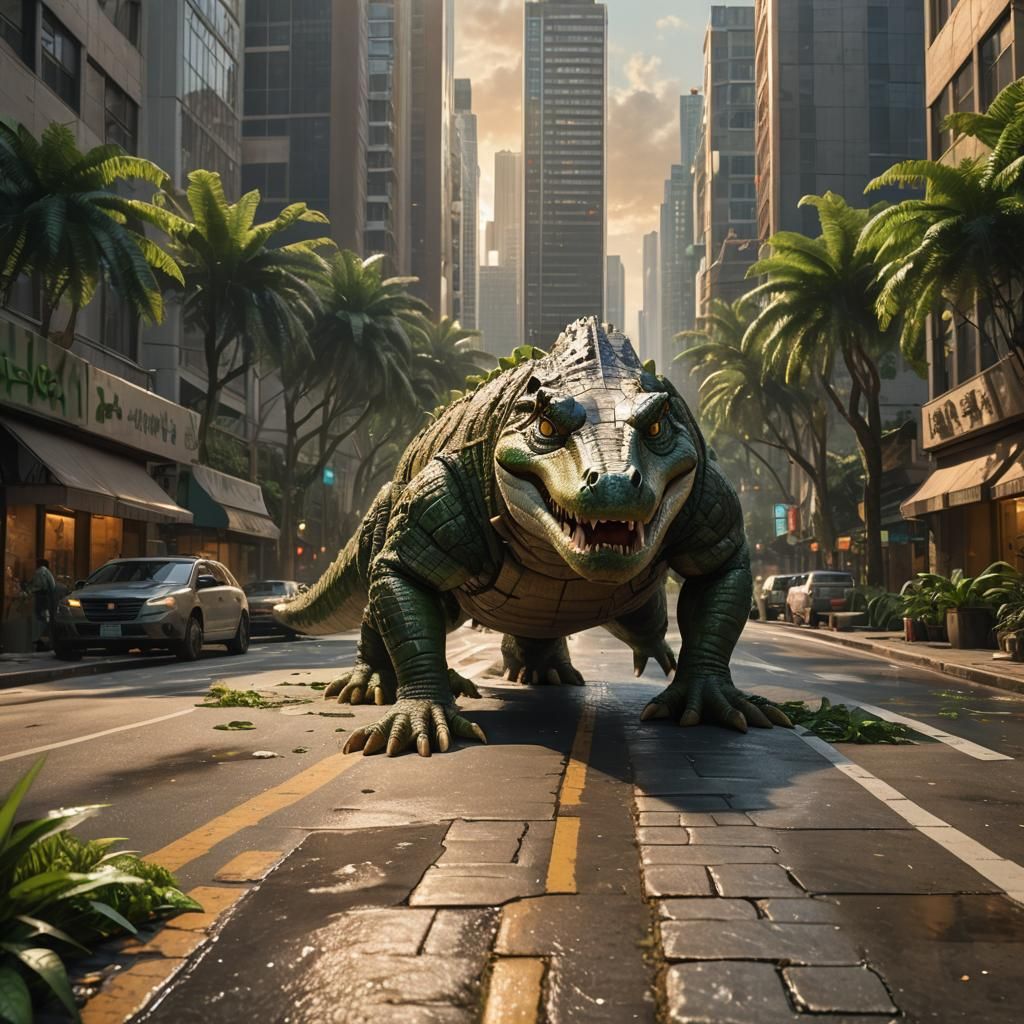 Jumanji Crocodile Walks Through Urban Jungle