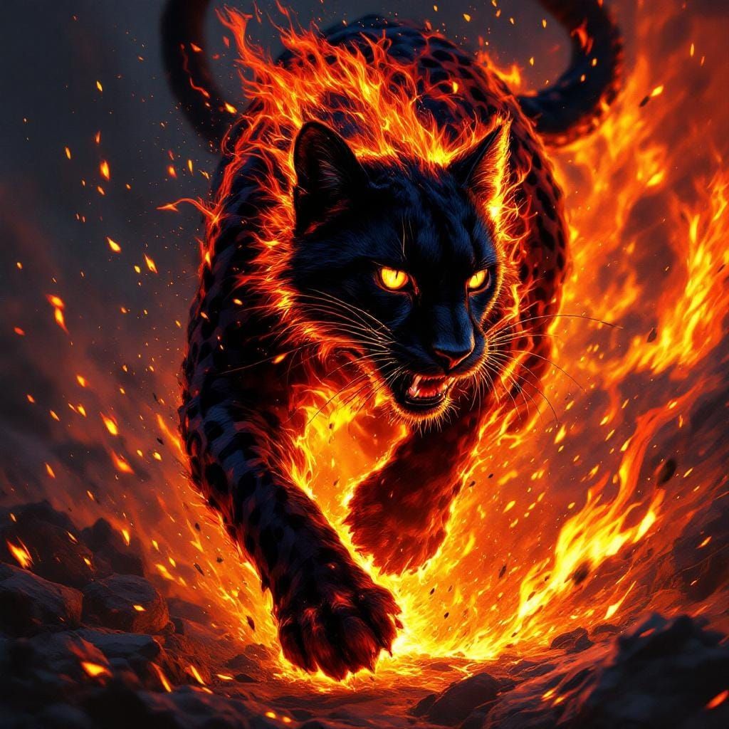 Black Cheetah in Fiery Motion: Digital Painting