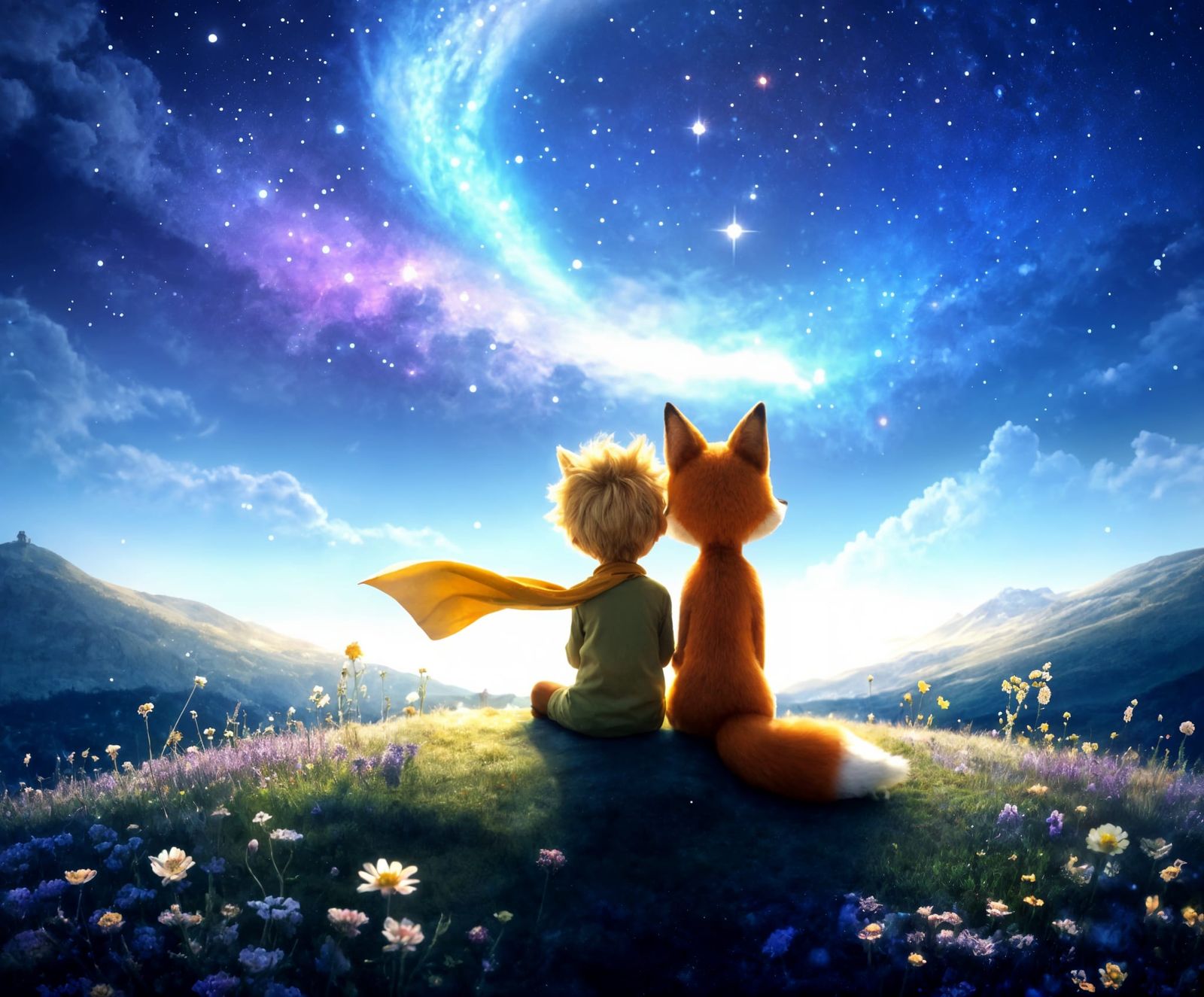 Le Petit Prince and Fox Stargazing on Enchanted Hill