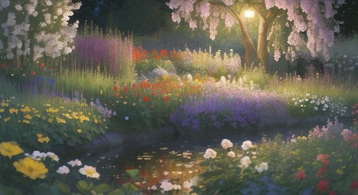 Lush Scandinavian Garden at Night as Oil Painting