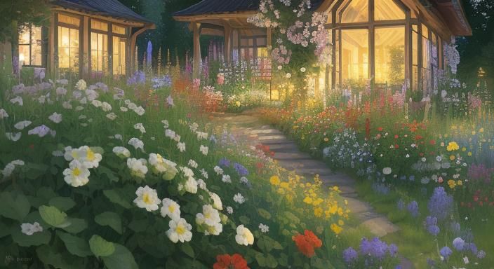 Lush Scandinavian Garden at Night, Oil Painting
