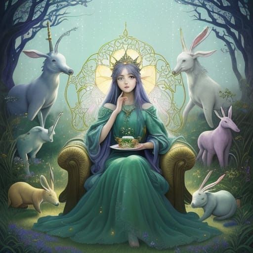 Whimsical Goddess in Pastel Robe Weaves Ethereal Tapestry