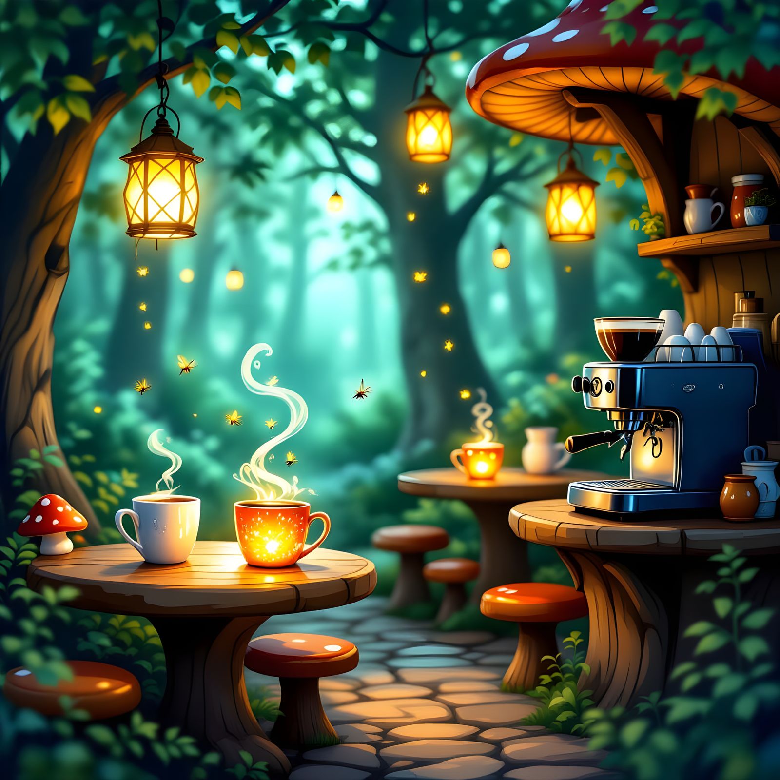 Magical Woodland Cafe with Firefly Mugs and Sprite Steam