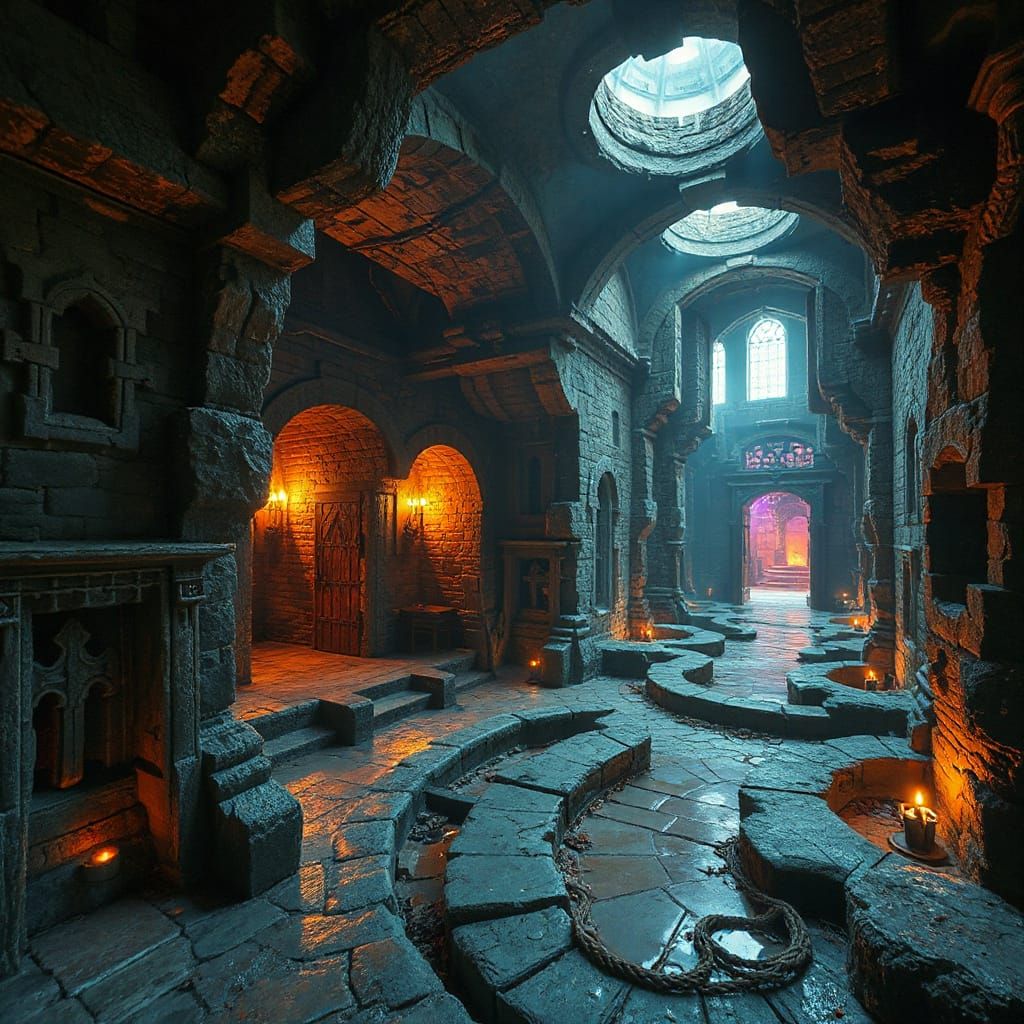 Mystical Cyberpunk Labyrinth with Stone Walls
