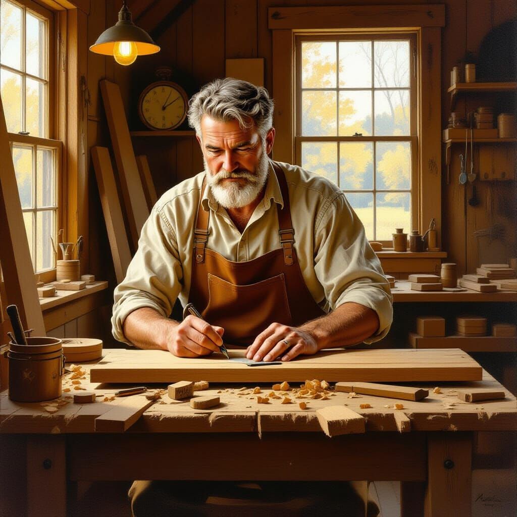 Nostalgic Woodworker in Workshop: Classic Illustration