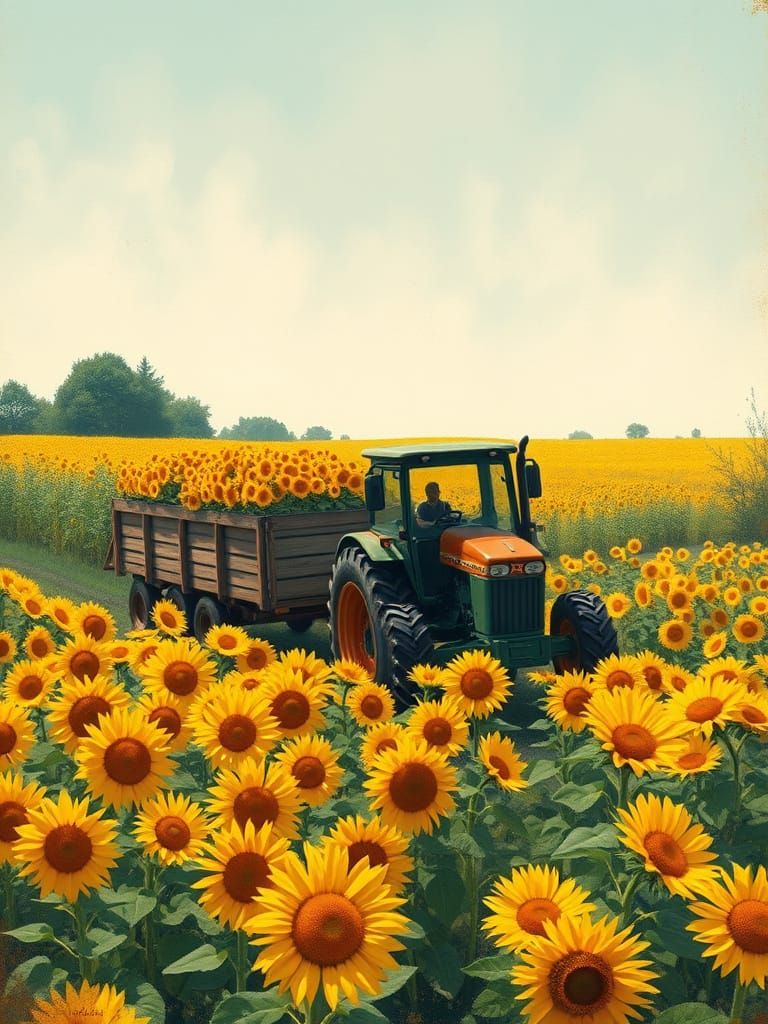 Sunflower Harvest: A Gouache Painting with Impasto Brushstro...