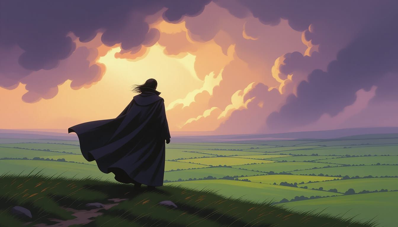 Figure Overlooking Vast Landscape in Stormy Light