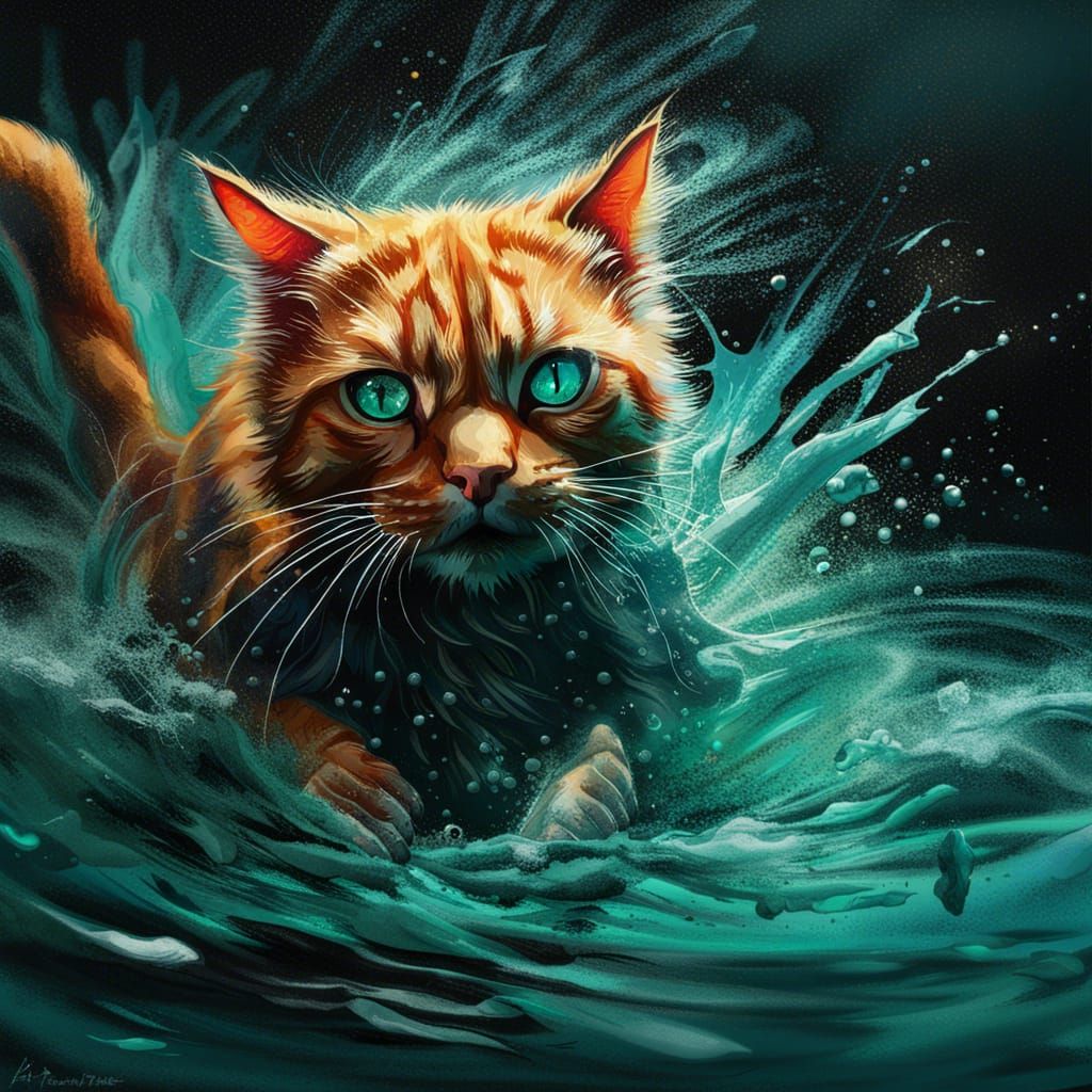 Ginger Cat Pouncing into Dark Teal Water