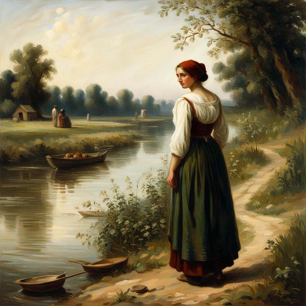 Neo-Romantic Image of Peasant Woman by River