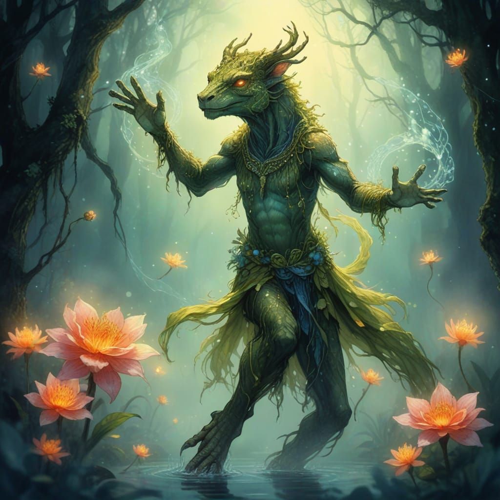 Mystical Forest Creature Dancing in Bioluminescent Swamp