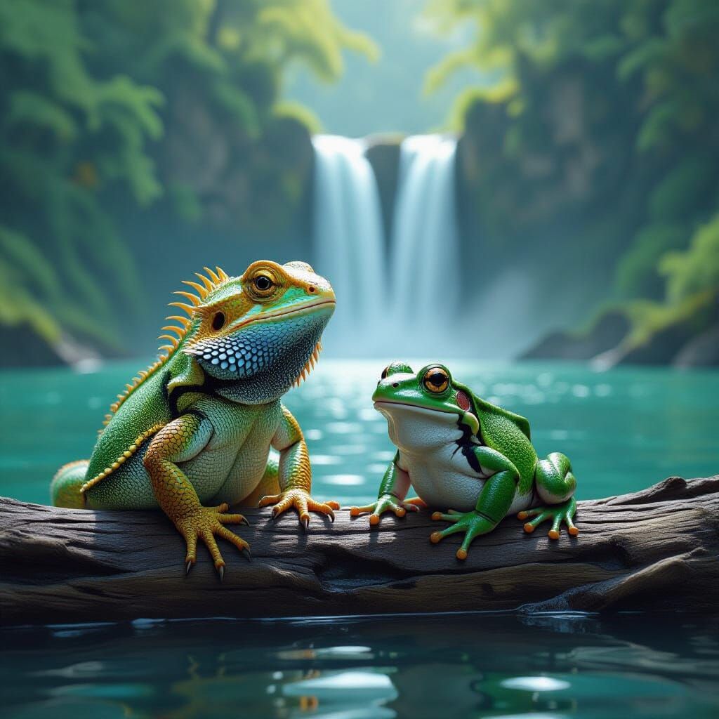 bearded dragon and frog sitting on a long log