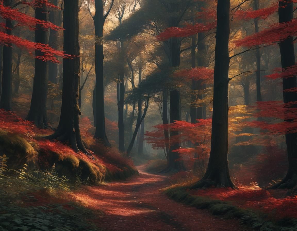 Sunlit Forest Path in Autumnal Colors