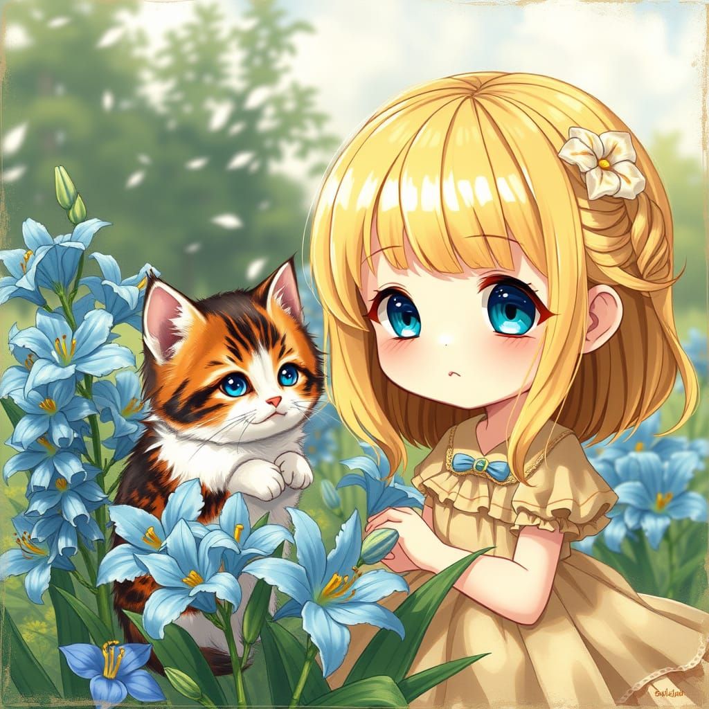 Chibi Anime Girl and Her Feline Companion in a Sunny Garden