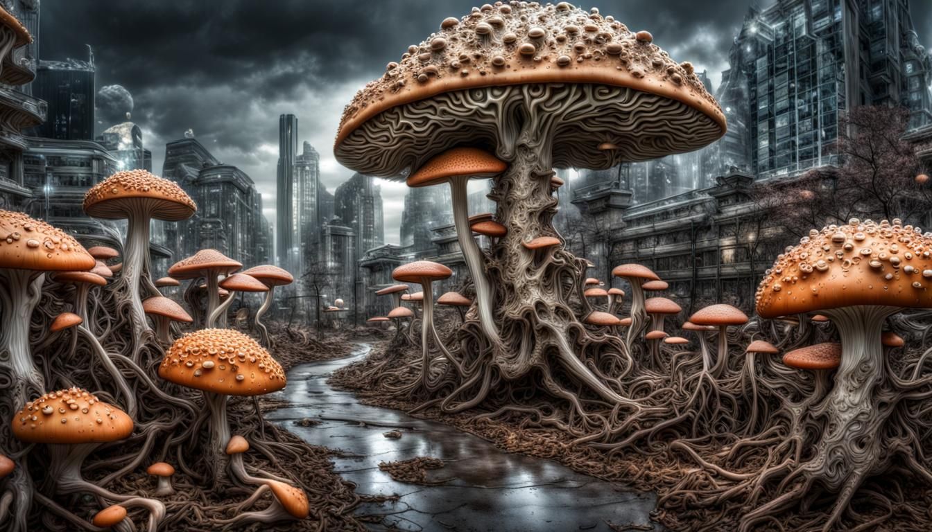 Hyperrealistic Fantasy City Overrun by Giant Fungi