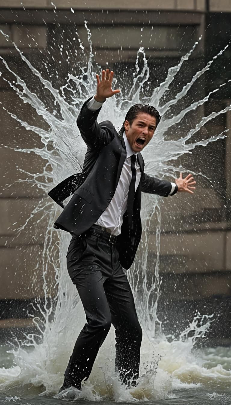 Man in Black Suit Creates Water Fountain