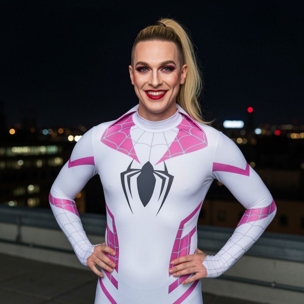 Muscular Man as Spider-Gwen on Rooftop at Night
