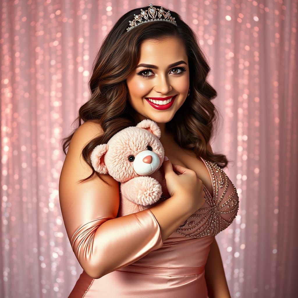 Glamorous Woman in Rose Gold Evening Gown with Teddy Bear