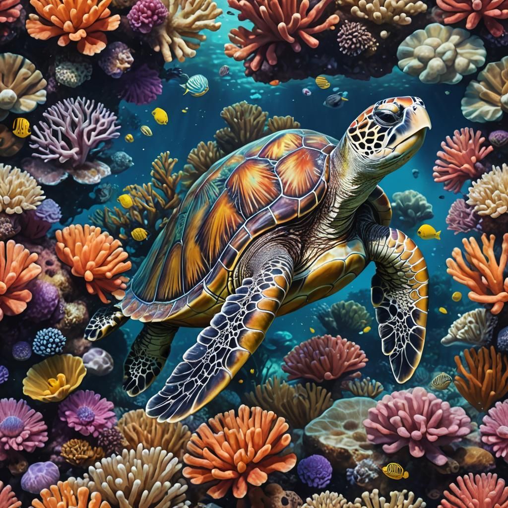 Hyperdetailed Sea Turtle in Coral Reef