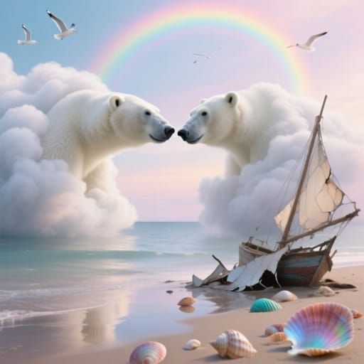 Cloud Polar Bears Connect on Ethereal Shoreline