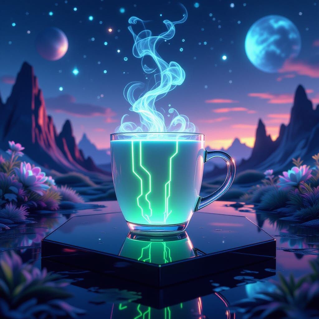 Glowing Neon Elixir in Alien Landscape 3D Art