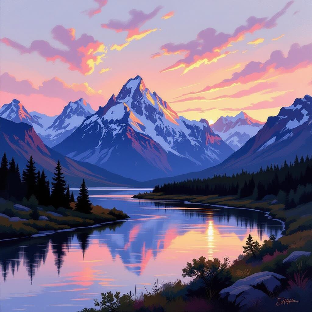 Majestic Mountain Range at Dawn in Post-Impressionist Style