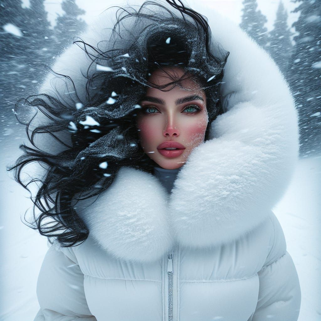 Woman in Snowstorm: Radiant Amidst the Turmoil