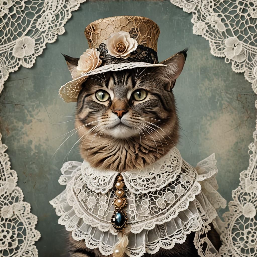 Cat in Fancy Lace Hat and Collar