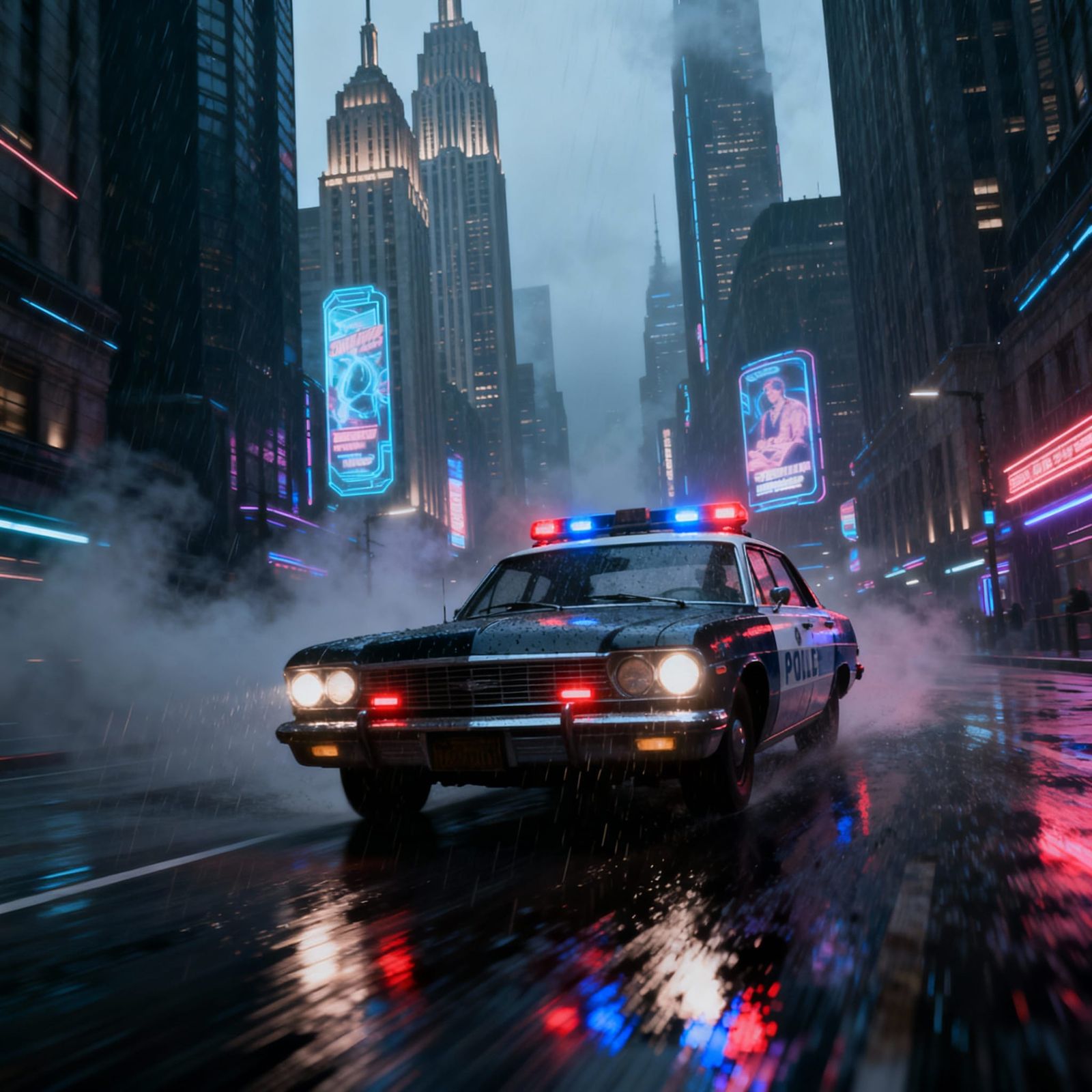 A vintage police car, lights flashing erratically, races down a rain-slicked, neon-drenched street in a futuristic metro...
