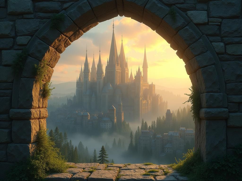 Fantasy Cityscape at Dusk Through Stone Window