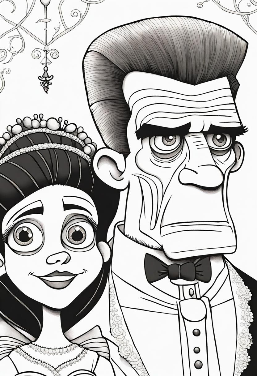 Pixar-Style Frankenstein Coloring Page for Adults