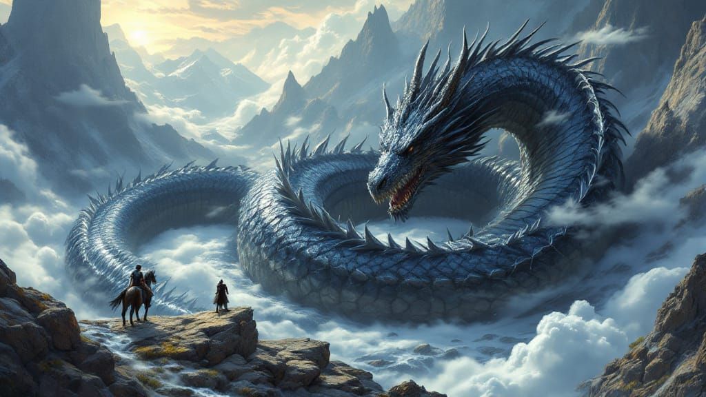 Colossal Ancient Dragon Sleeps on Mountain Peaks