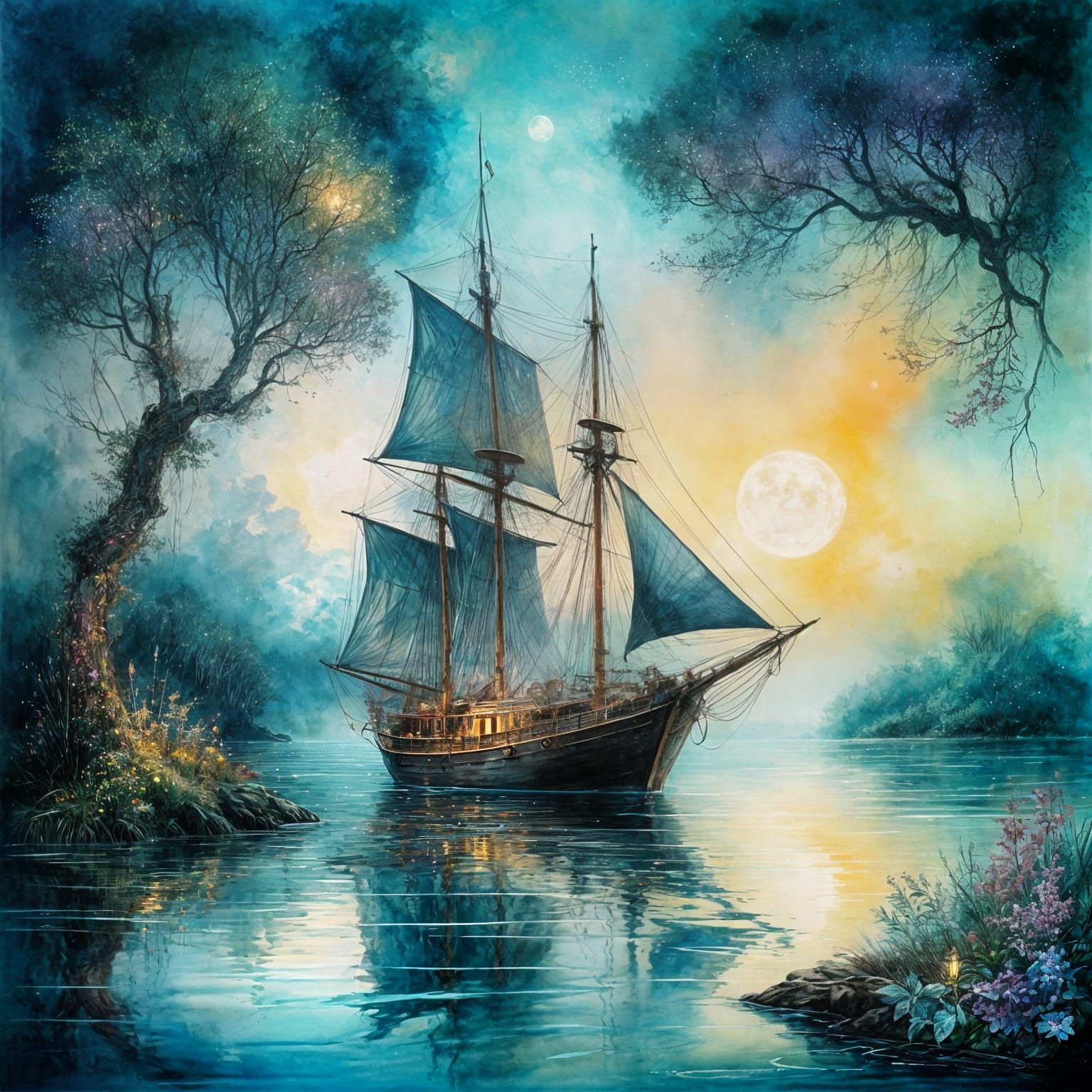 Sailboat in moonlit bay