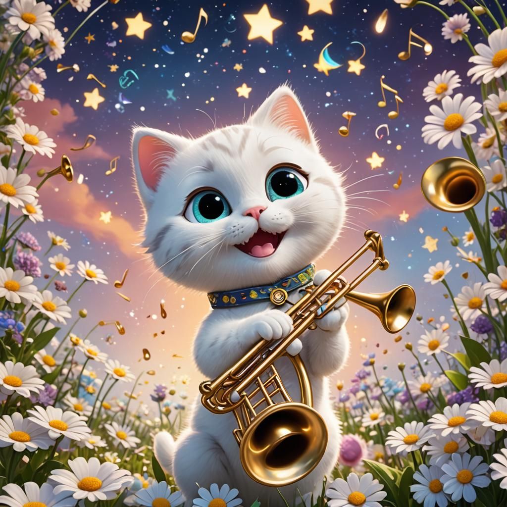 Cute Kitty Plays Trombone in Pixar Style