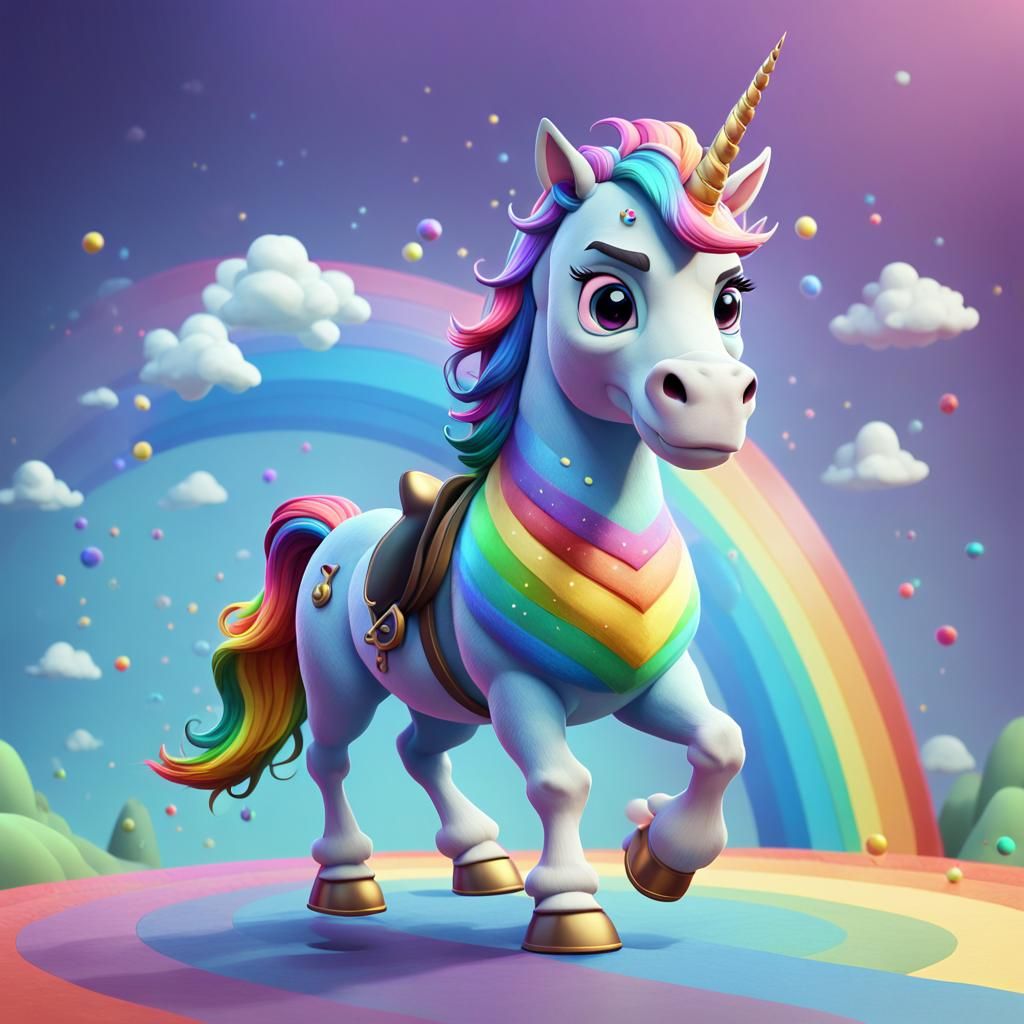 Grumpy Unicorn Rides a Rainbow in Cartoonish Style
