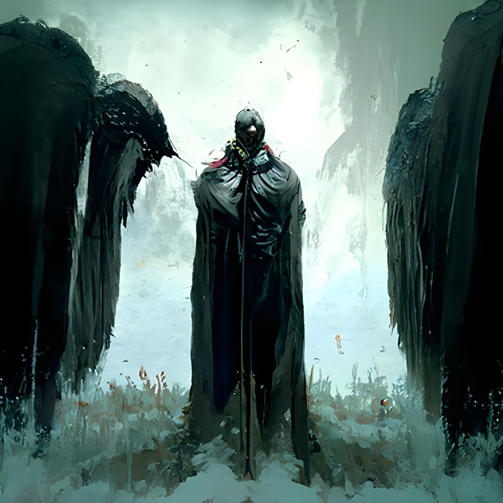 Sinister Winged Reaper with Scythe in Dark Art Style