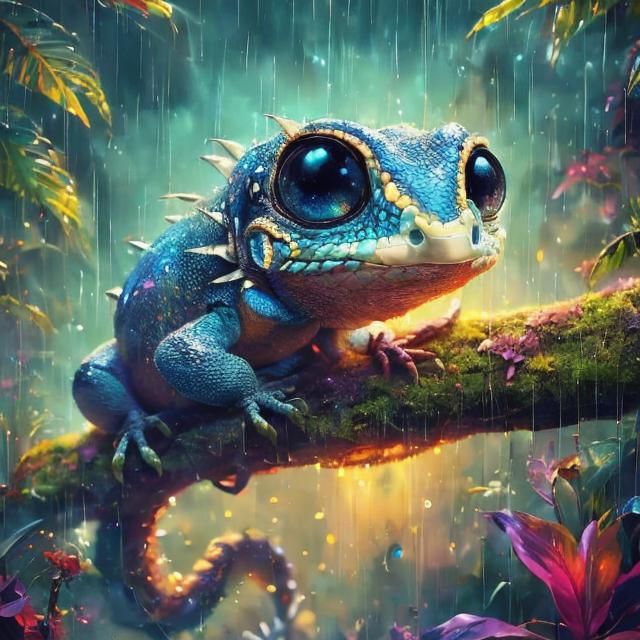 Enchanting Rainforest Lizard Portrait in Vaporwave Style