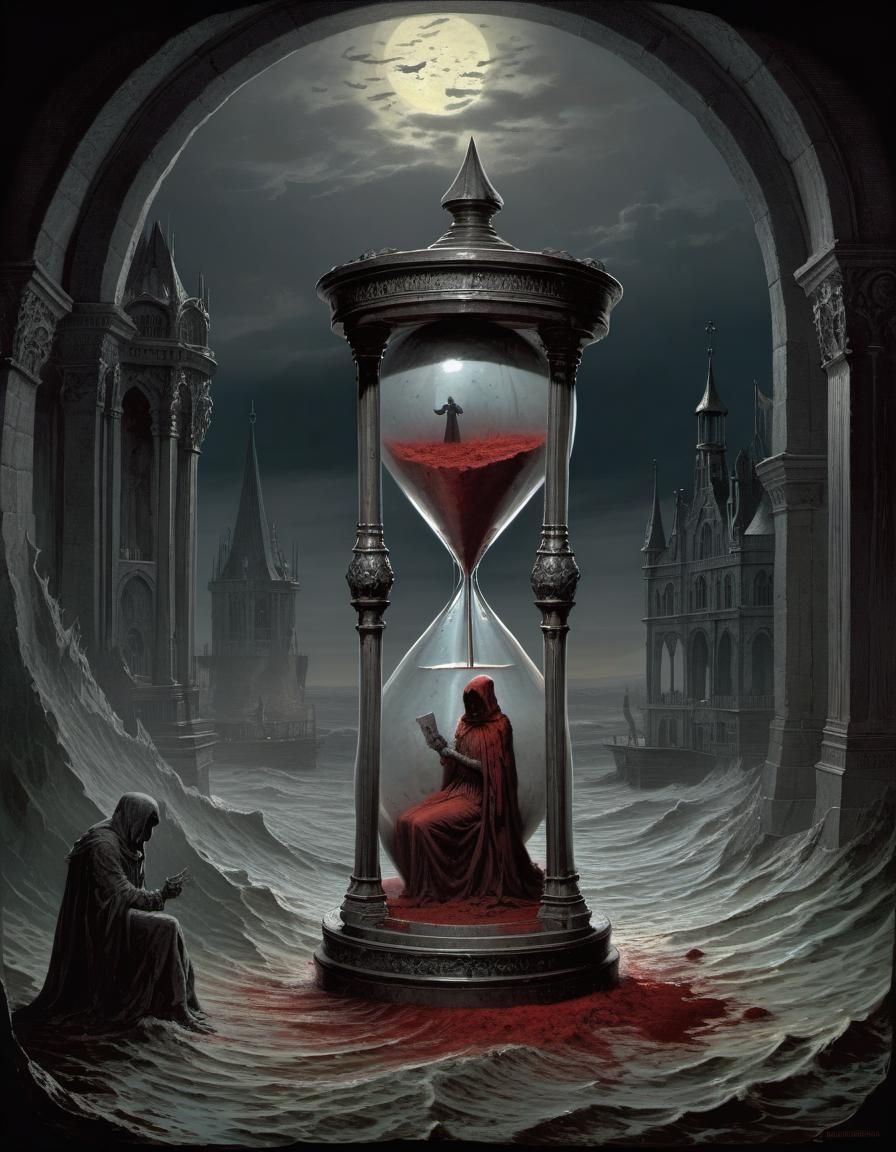 Blood Hourglass in Horror Engraving Style