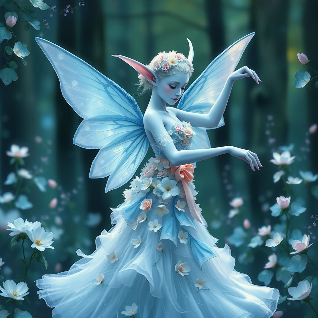 Blue Elf Dancing in Ethereal Forest, Expressive Art