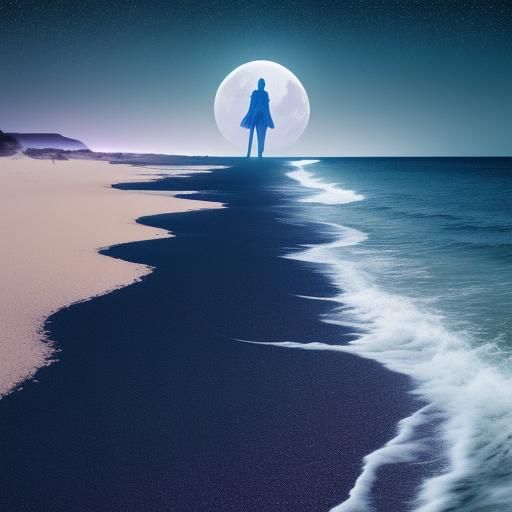 Moon Head Creature Walks Starry Beach in Surreal Style