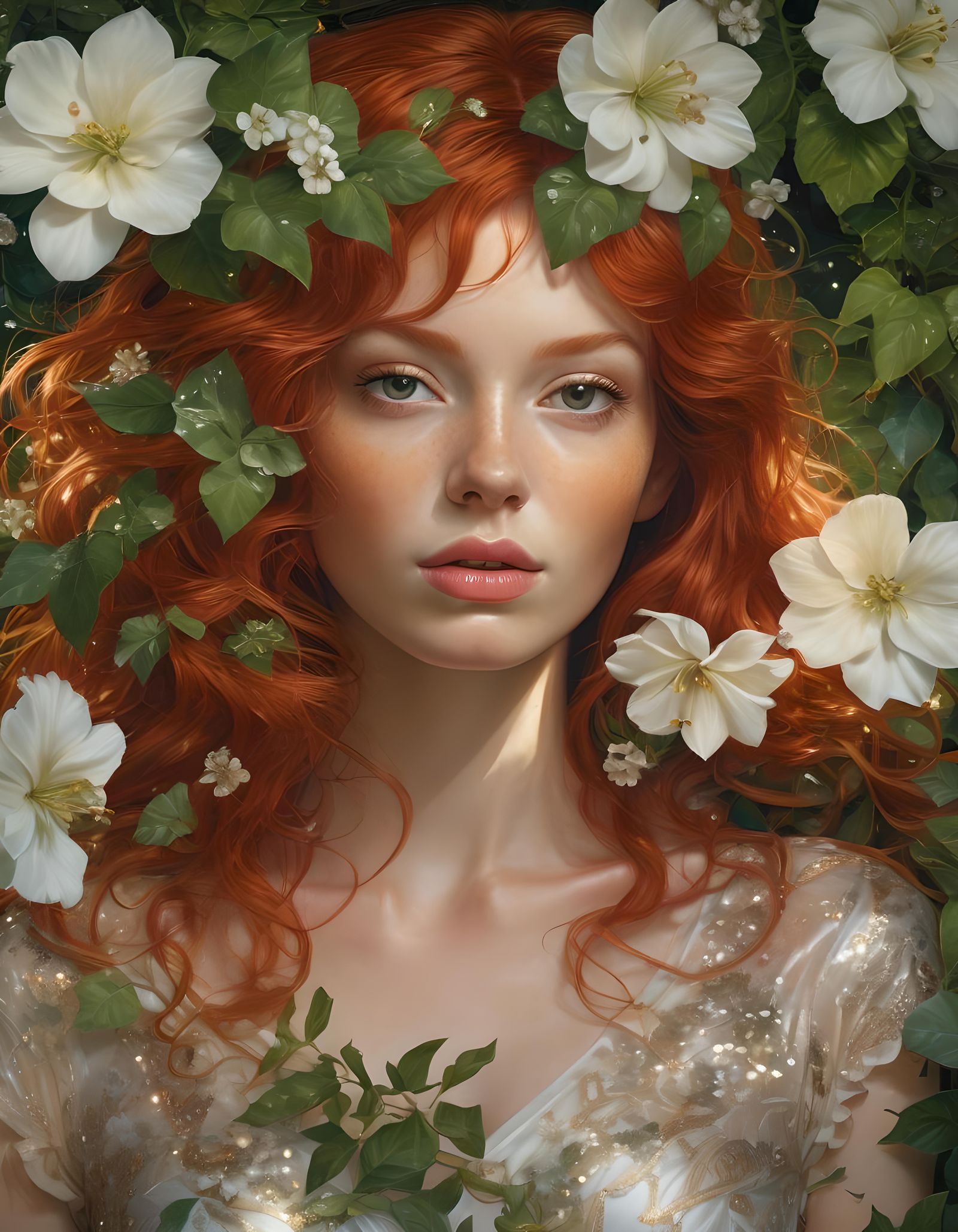 Hyperreal Portrait of a Red-Haired Woman in Fantasy Style
