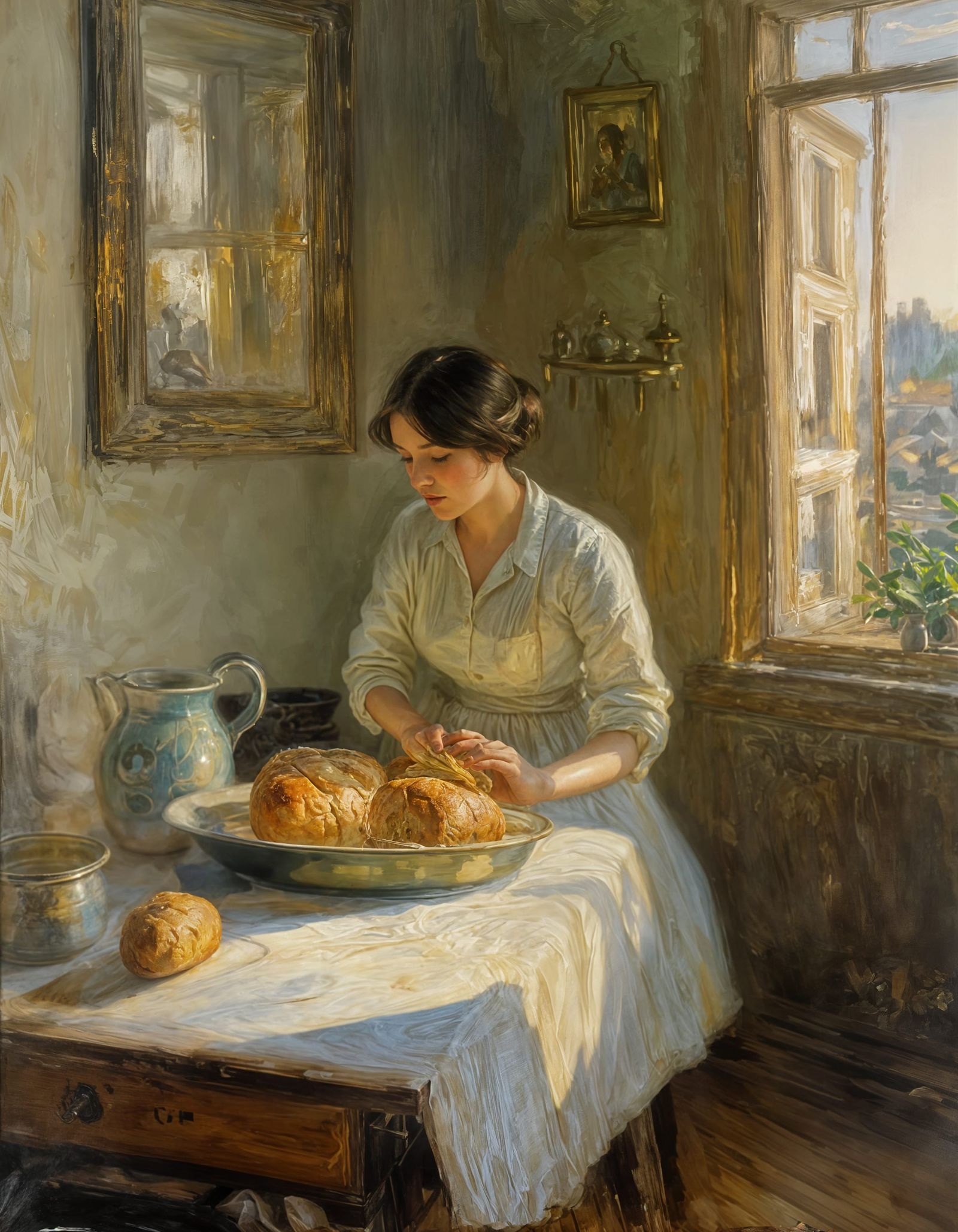 Impressionist Baker with Golden Loaf at Sunset