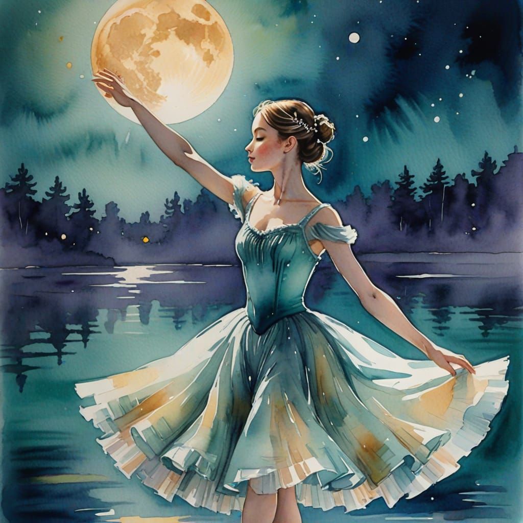 Moonlit Ballerina in Watercolor Impressionist Style