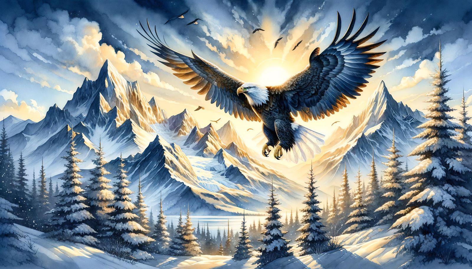 Majestic Bald Eagle Soaring: Watercolor Golden Hour
