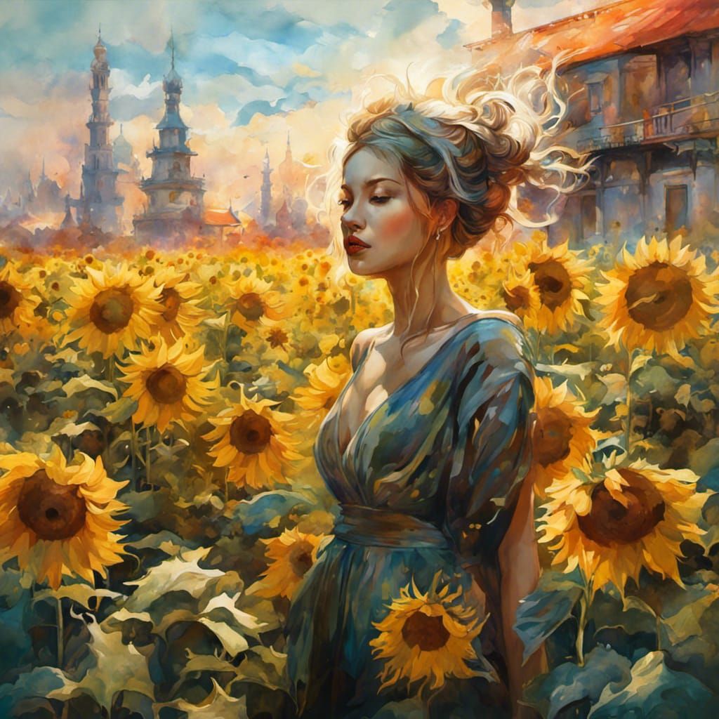 Dreamlike Woman Surrounded by Sunflowers in Watercolor