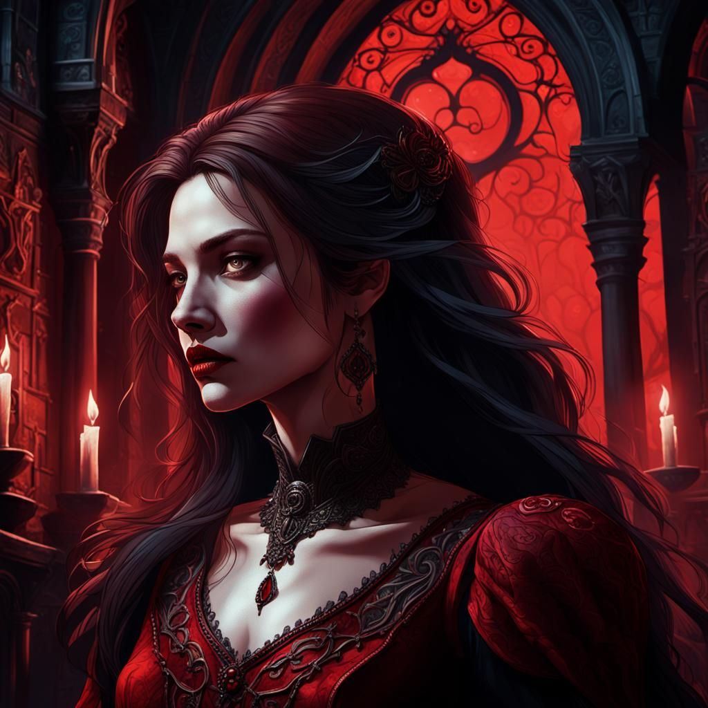 Vampire Woman in Red Castle: Art Nouveau Style