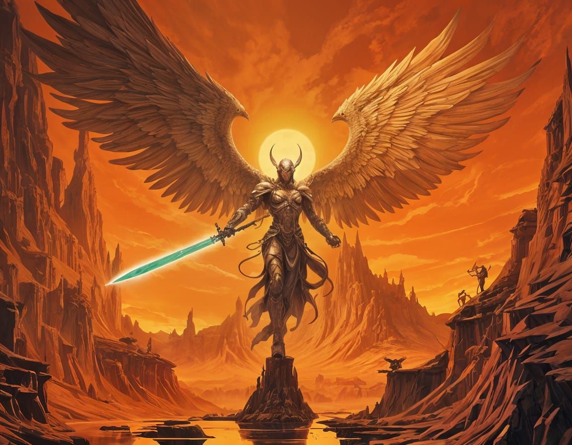 Archangel Battles Demons in Gothic Hellscape