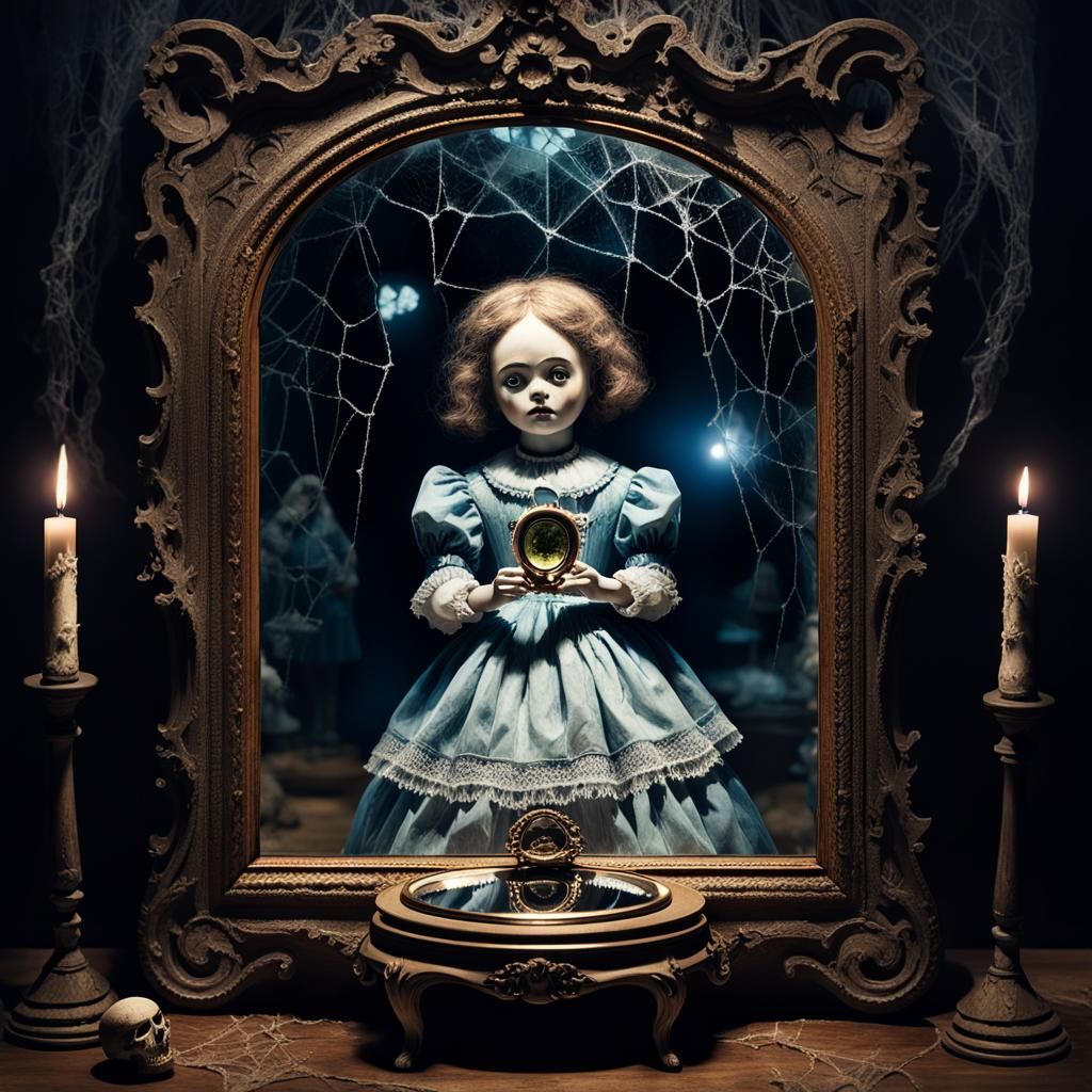 Eerie Victorian Mirror Reflecting a Cracked Porcelain Doll