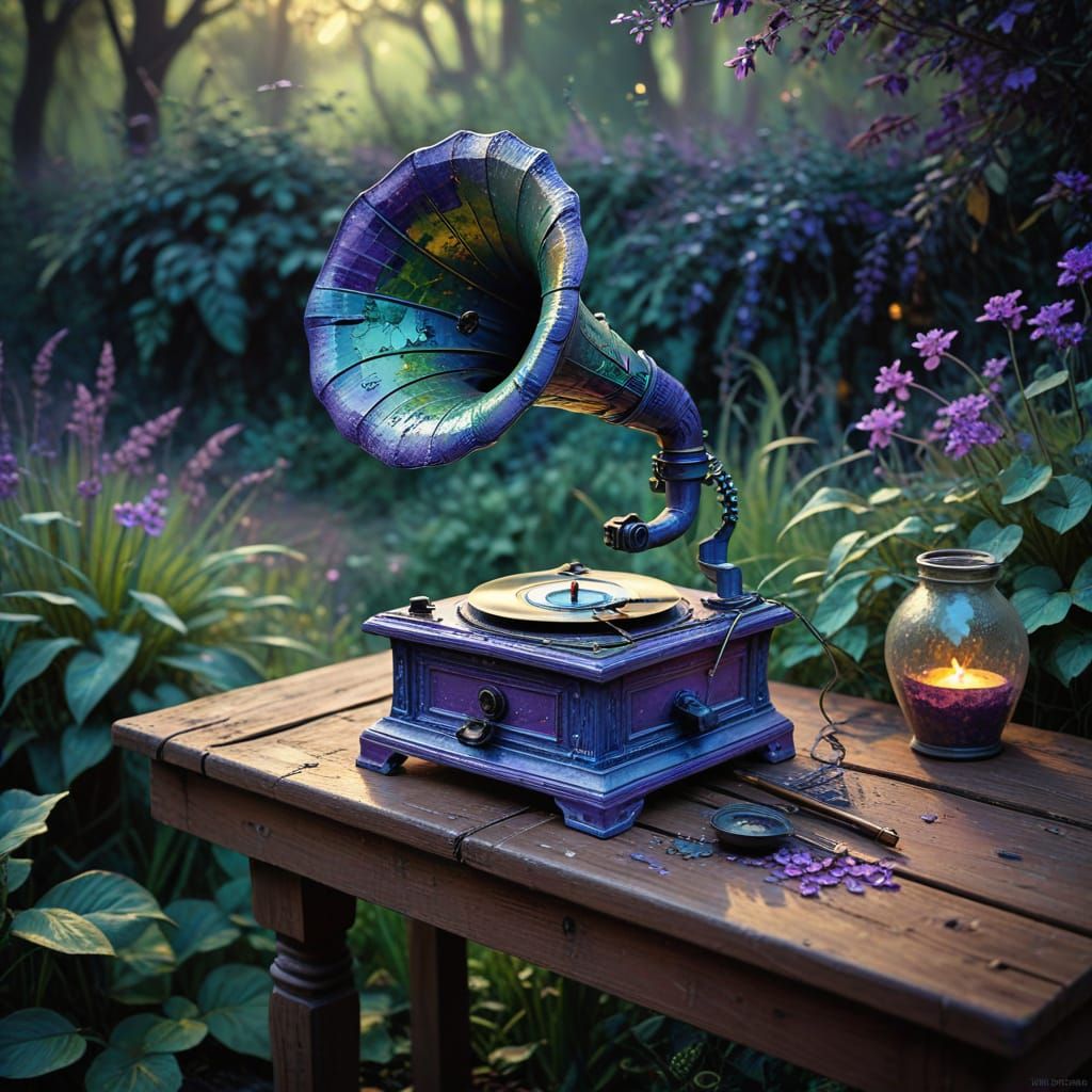 Vintage Gramophone in Enchanted Garden: Impressionist Fantas...